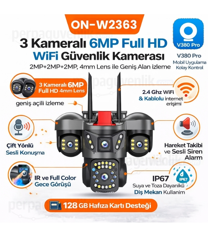3 Lensli 6MP Full HD WiFi Güvenlik Kamerası Hareket Takibi, Çift Yönlü Ses, Siren Alarm, IP67, 128GB Destek, V380 Pro img11 perpaguvenlik.com